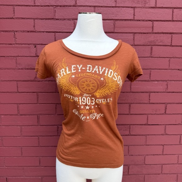 Harley-Davidson Tops - Harley Davidson Motorcycles Ride Free Shirt Womens Size Small Orange Tire‎ Wings